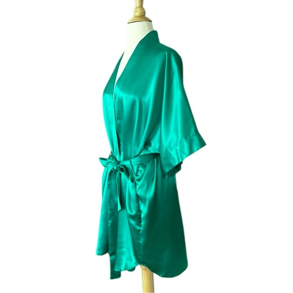 Vintage Jennifer Moore Satin Emerald Green Kimono Topper Robe, One Size - Picture 6 of 14